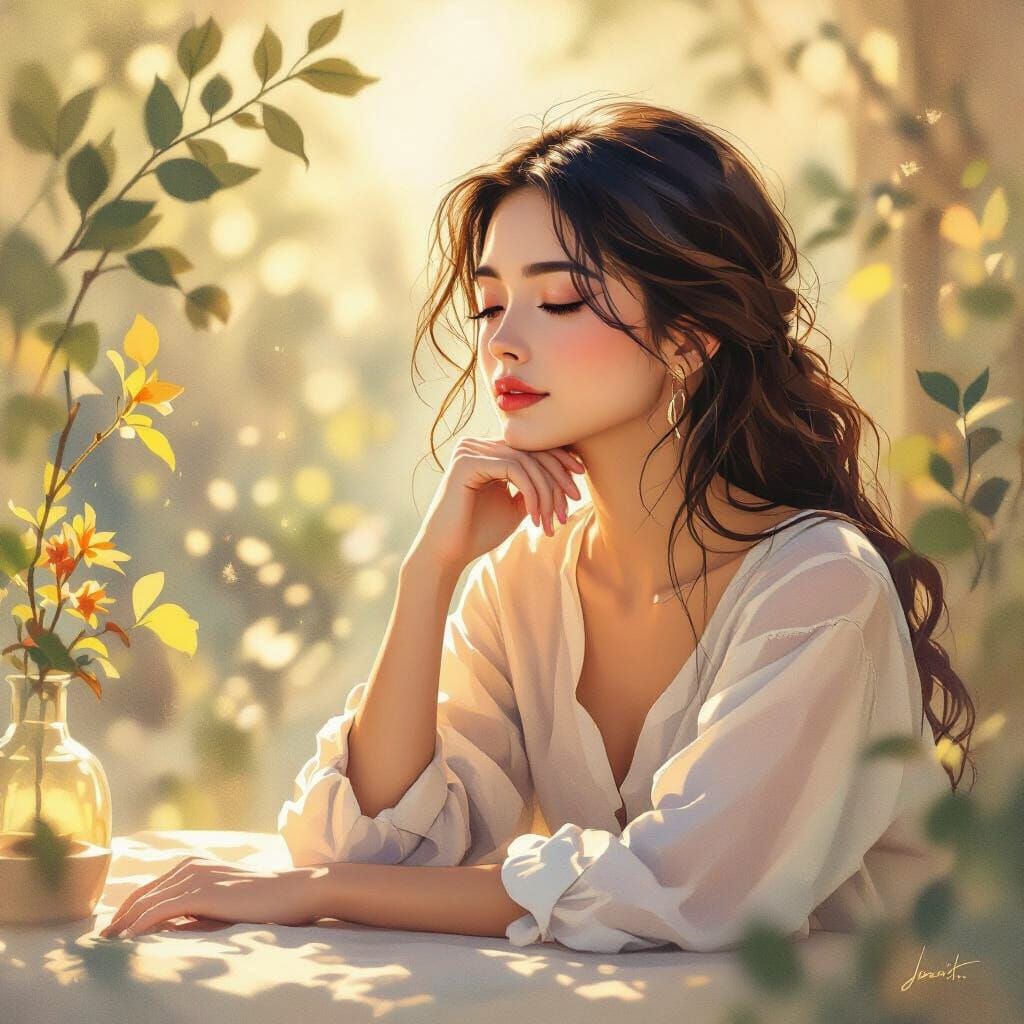 Contemplative Woman in Nature: Dreamy Watercolor Art