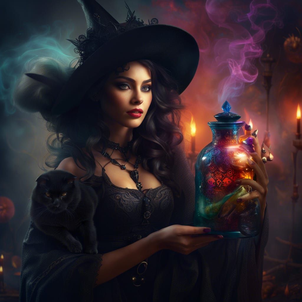 "Magical Beautiful Witch holding her black cat
