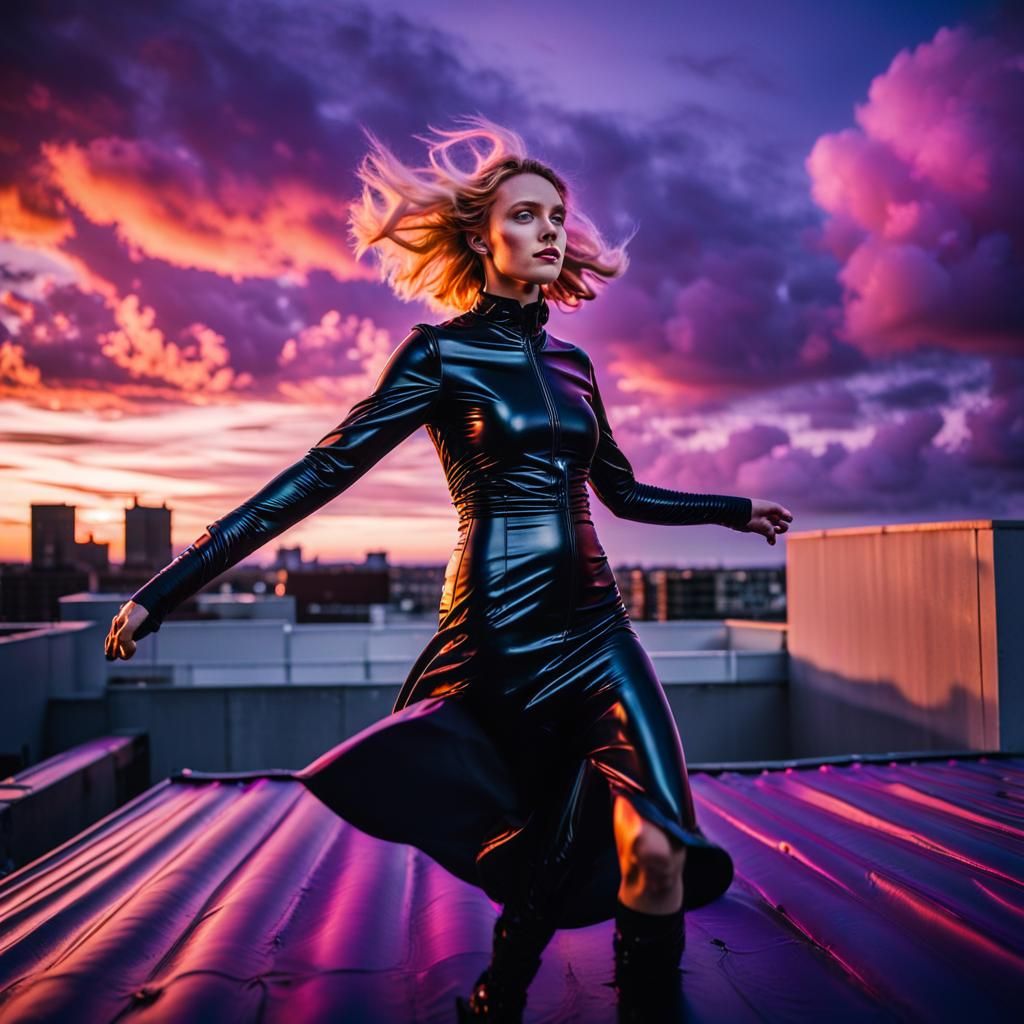 Woman Dancing in Latex at Sunset: Cinematic Aesthetic