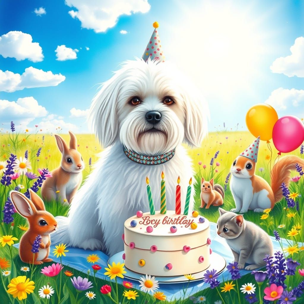 Whimsical Birthday Scene with White Maltese Dog and Friends
