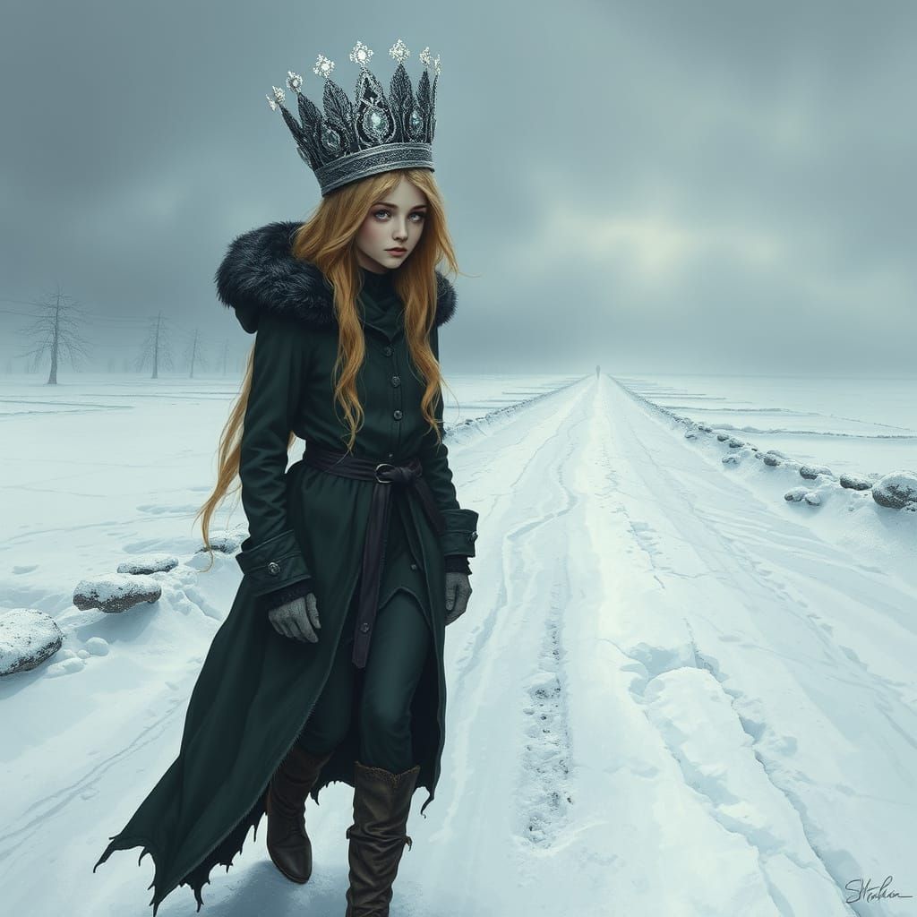 Lonely Witch Walks Snowy Road in Tattered Regalia