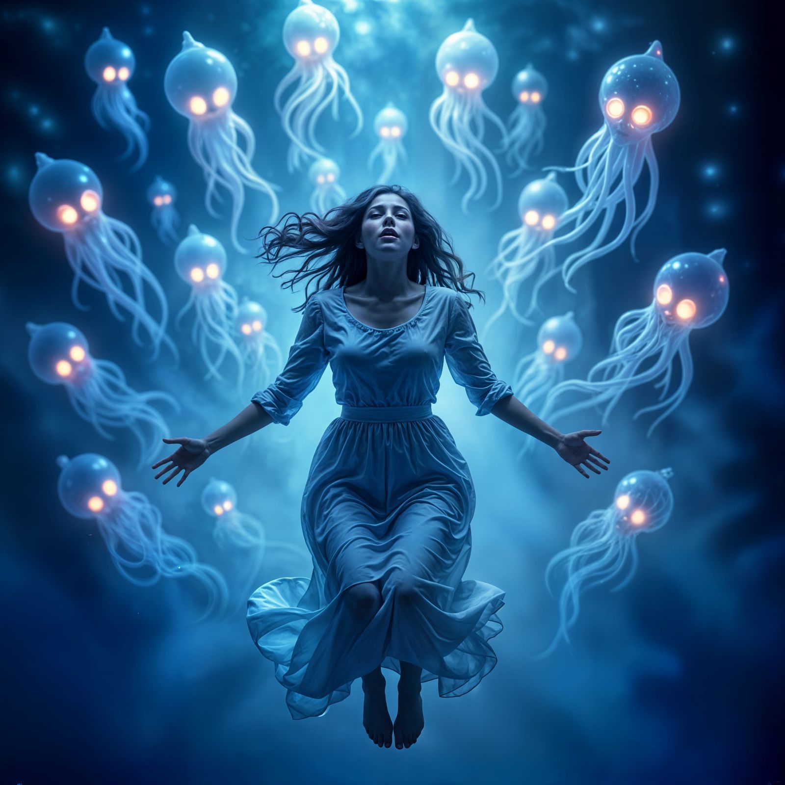 Woman Terrified by Ethereal Spirits in Mystical Glow