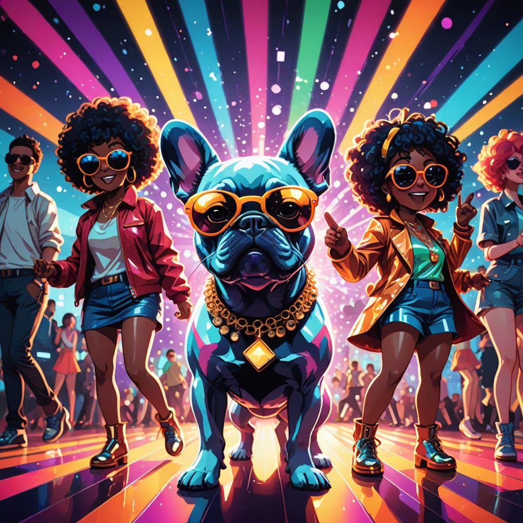 Vibrant Disco Dogs Unite on a Retro Dance Floor