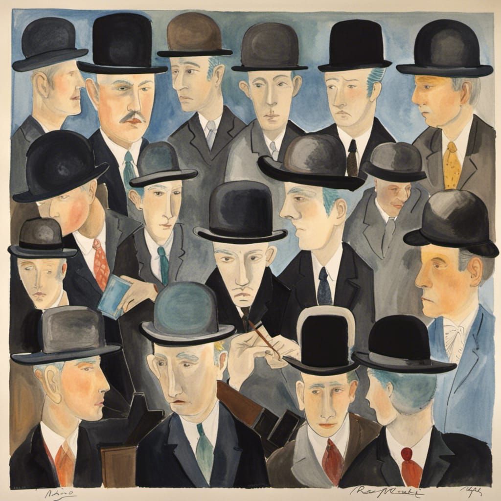 Magritte Making Bowler Hats in Art Brut Style