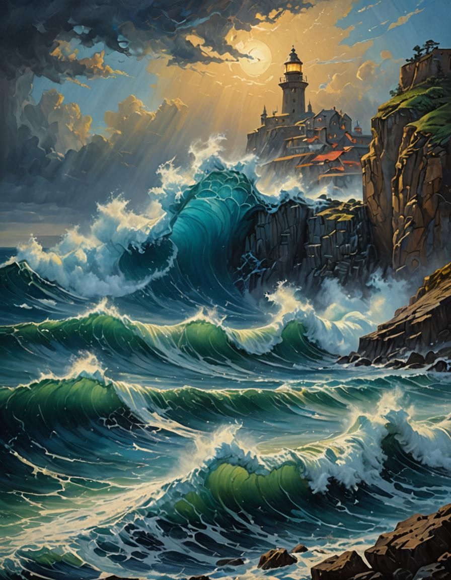 Dramatic Ocean Landscape with Sea Creature in Oil Painting S...