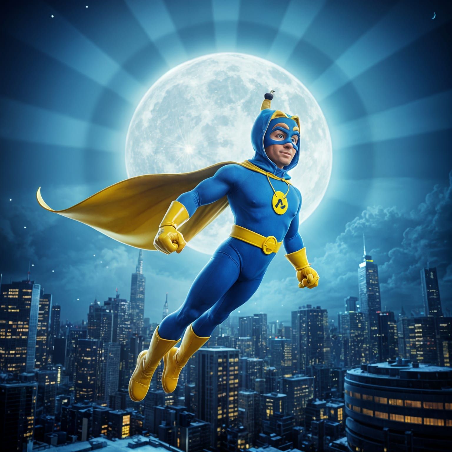 Bananaman flies over the city