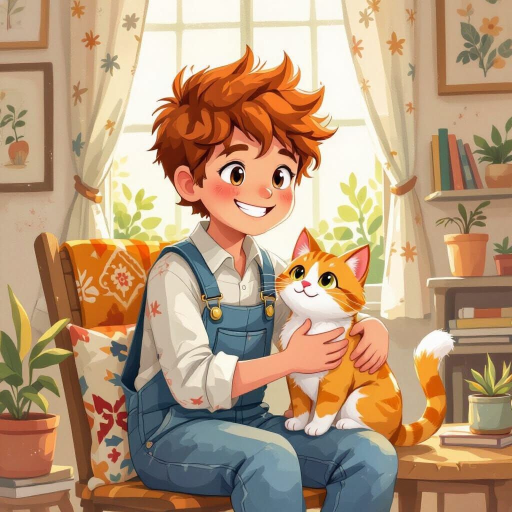 Hyperrealistic Blond Boy Smiling with Orange Cat