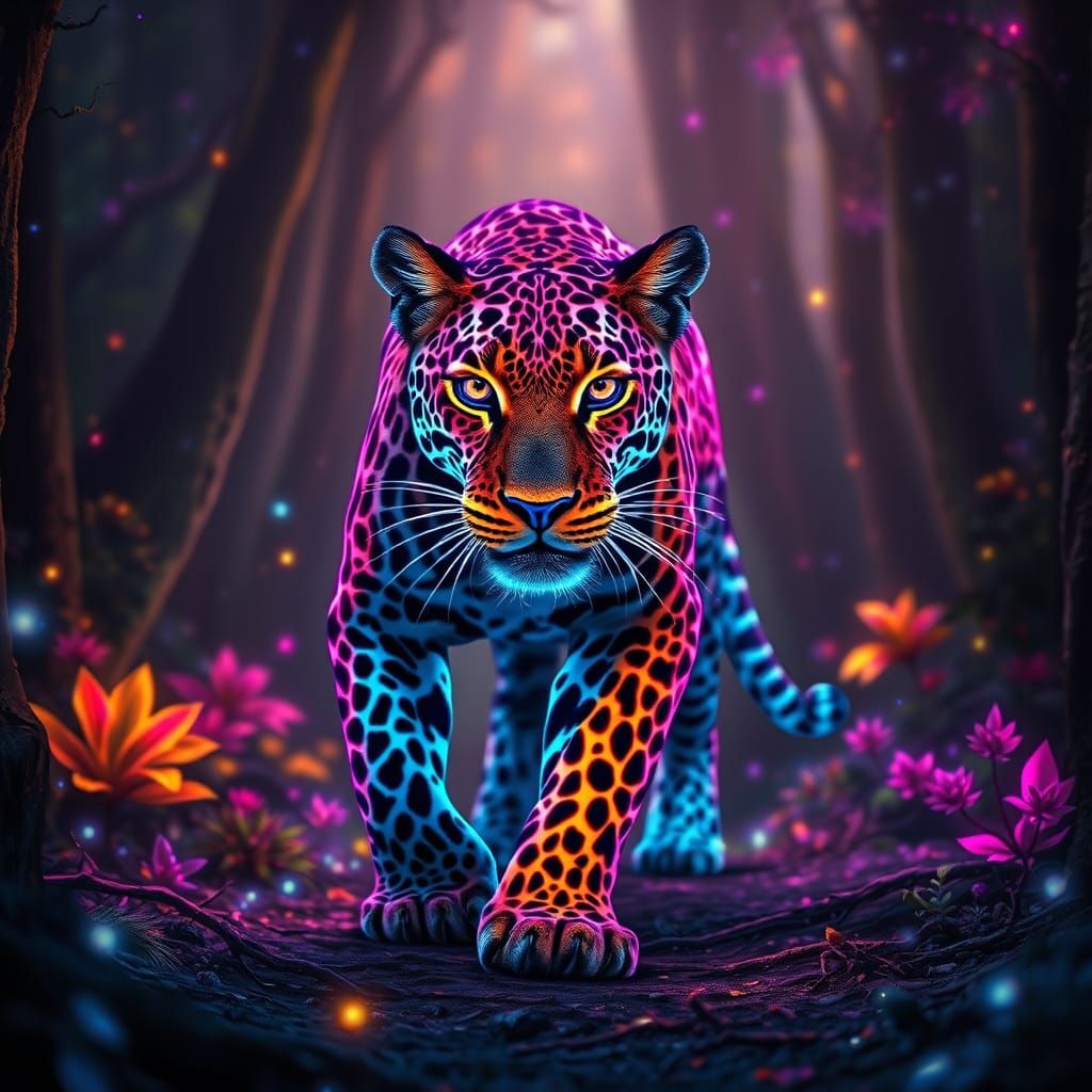 Neon Leopard in Mystical Forest: Fantasy Art