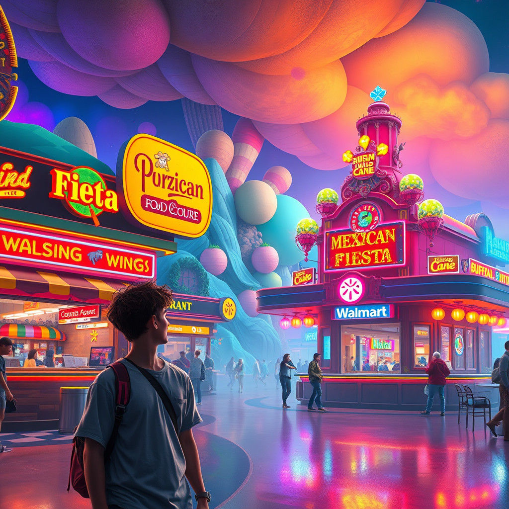 Vibrant Food Court in a Fantastical Setting