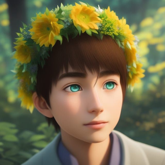 Ukrainian Boy Anime Style with Sunflower Wreath