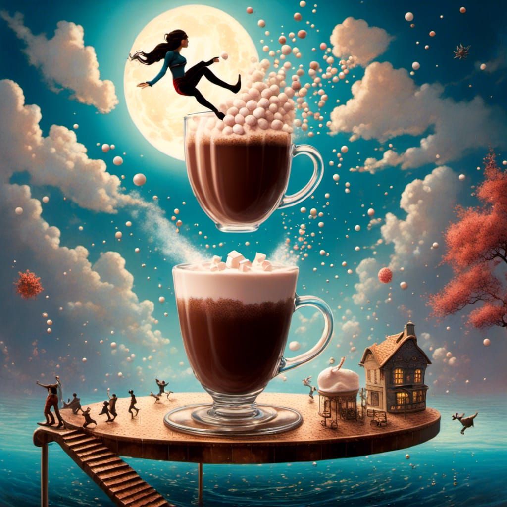 Person Diving into Hot Chocolate: Whimsical Surrealism