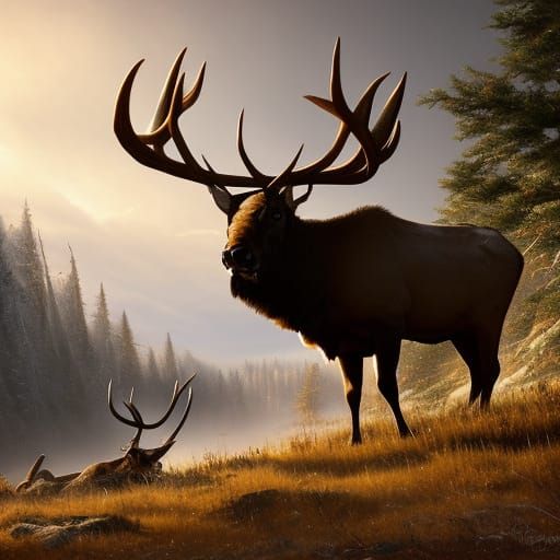 Bull Elk in Wildlife Refuge, Hyperdetailed Art