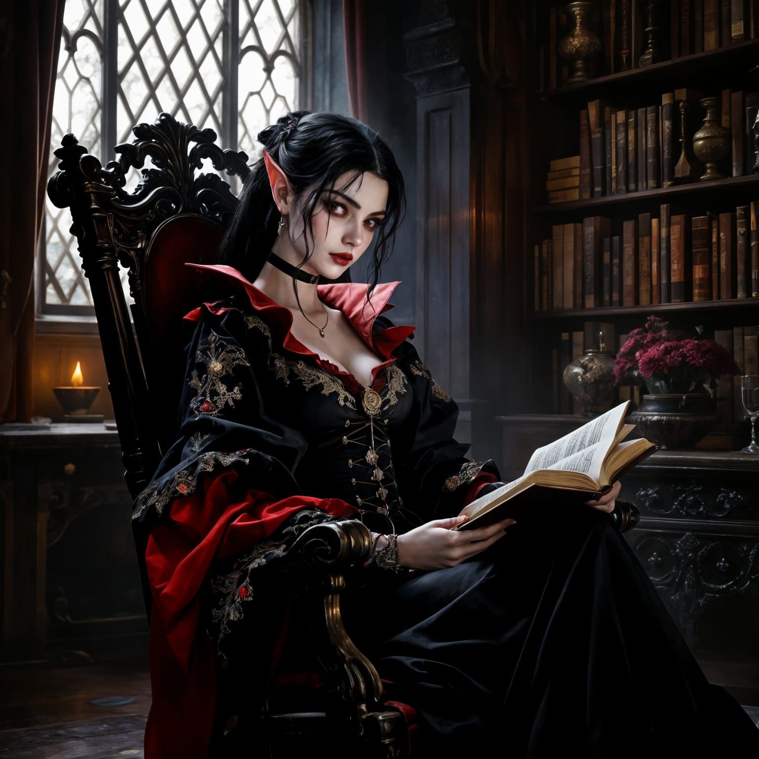 Renaissance Vampire Reading in a Wizard's Library