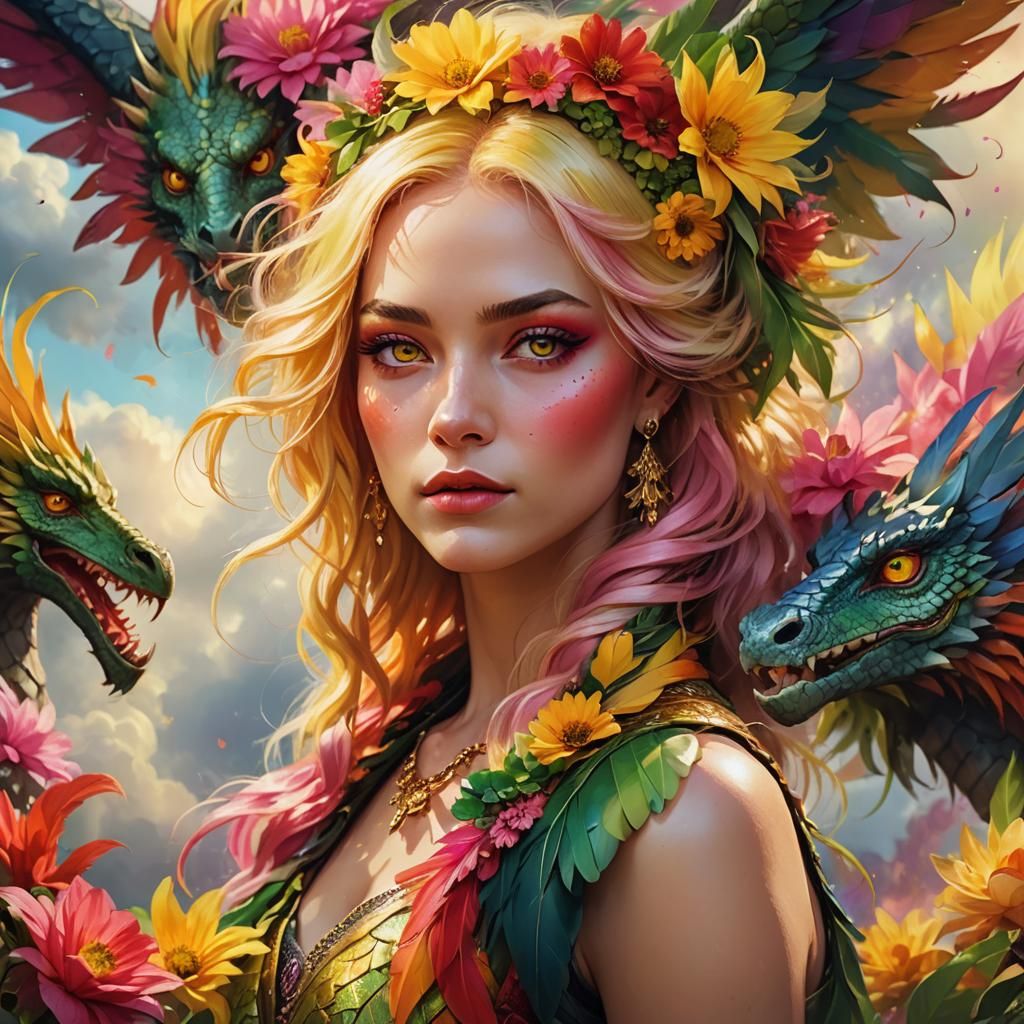 Baroque Woman with Colorful Feathers and Flowers