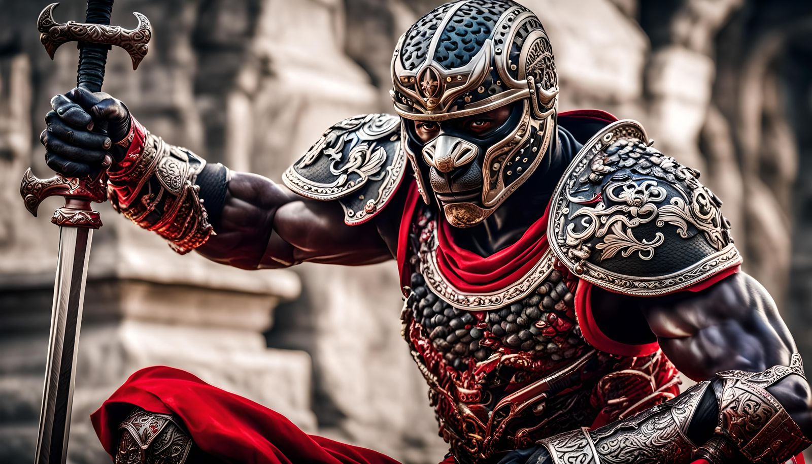 Black Jaguar Warrior in Detailed Red and Silver Armor