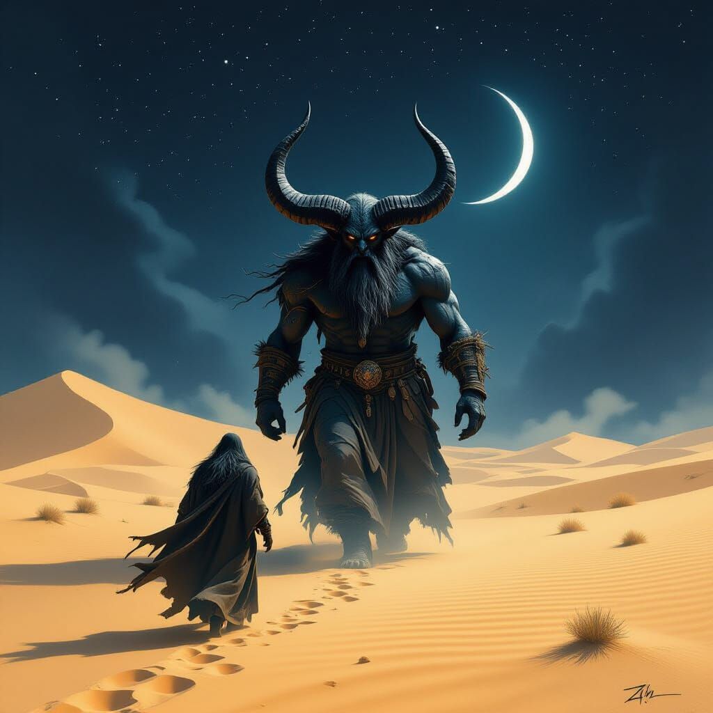 Shaman Guides Demon Through Moonlit Desert in Dark Fantasy S...