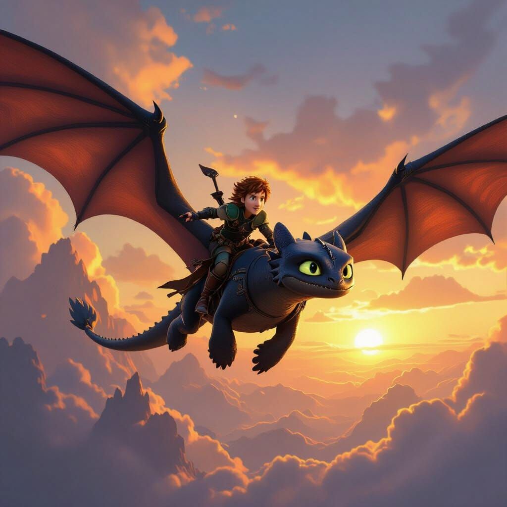 Hiccup and Toothless Soar in Golden Hour Fantasy Art