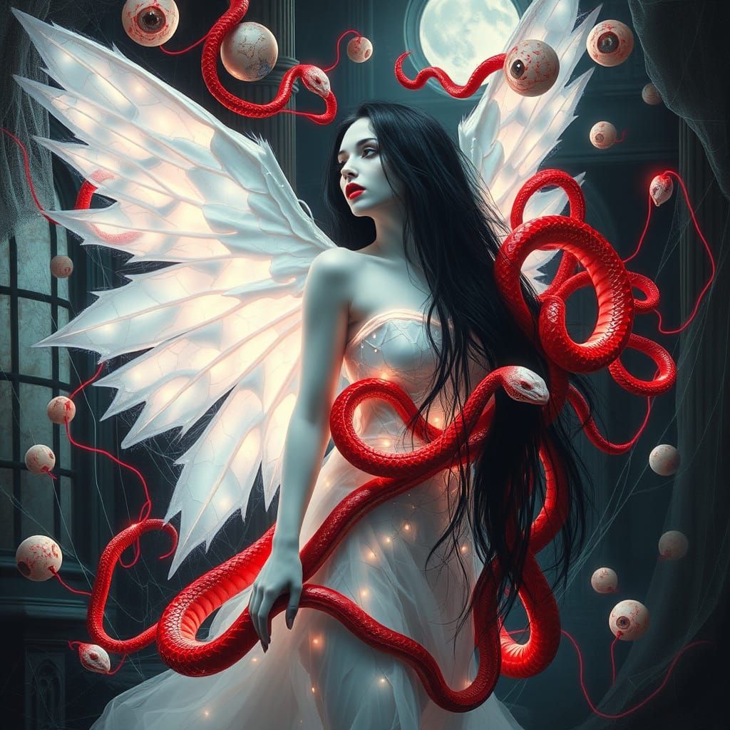 Goddess in Shattered Mirror Dress Amidst Snakes and Lights