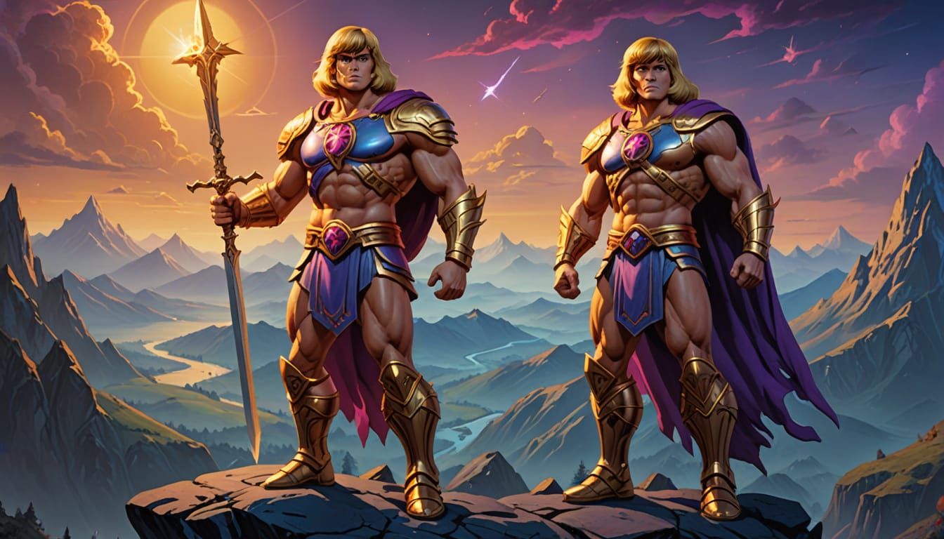 He-Man on Mountain: Vibrant Oil Painting