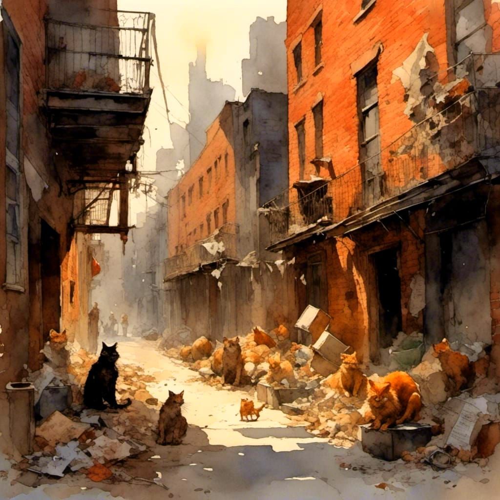 City Alley Cats in Leather Jackets, Watercolor Style