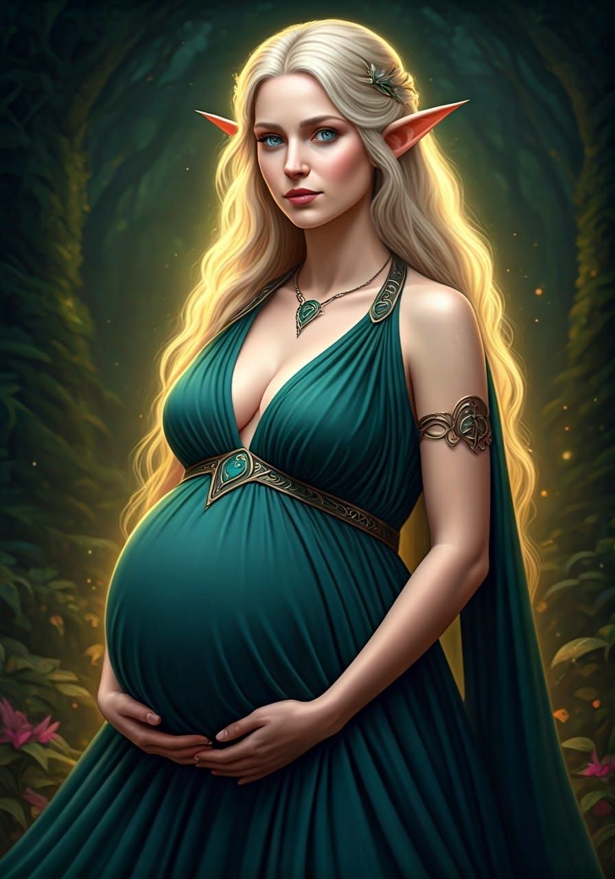 Ethereal Pregnant Elf Woman in Emerald Green Dress