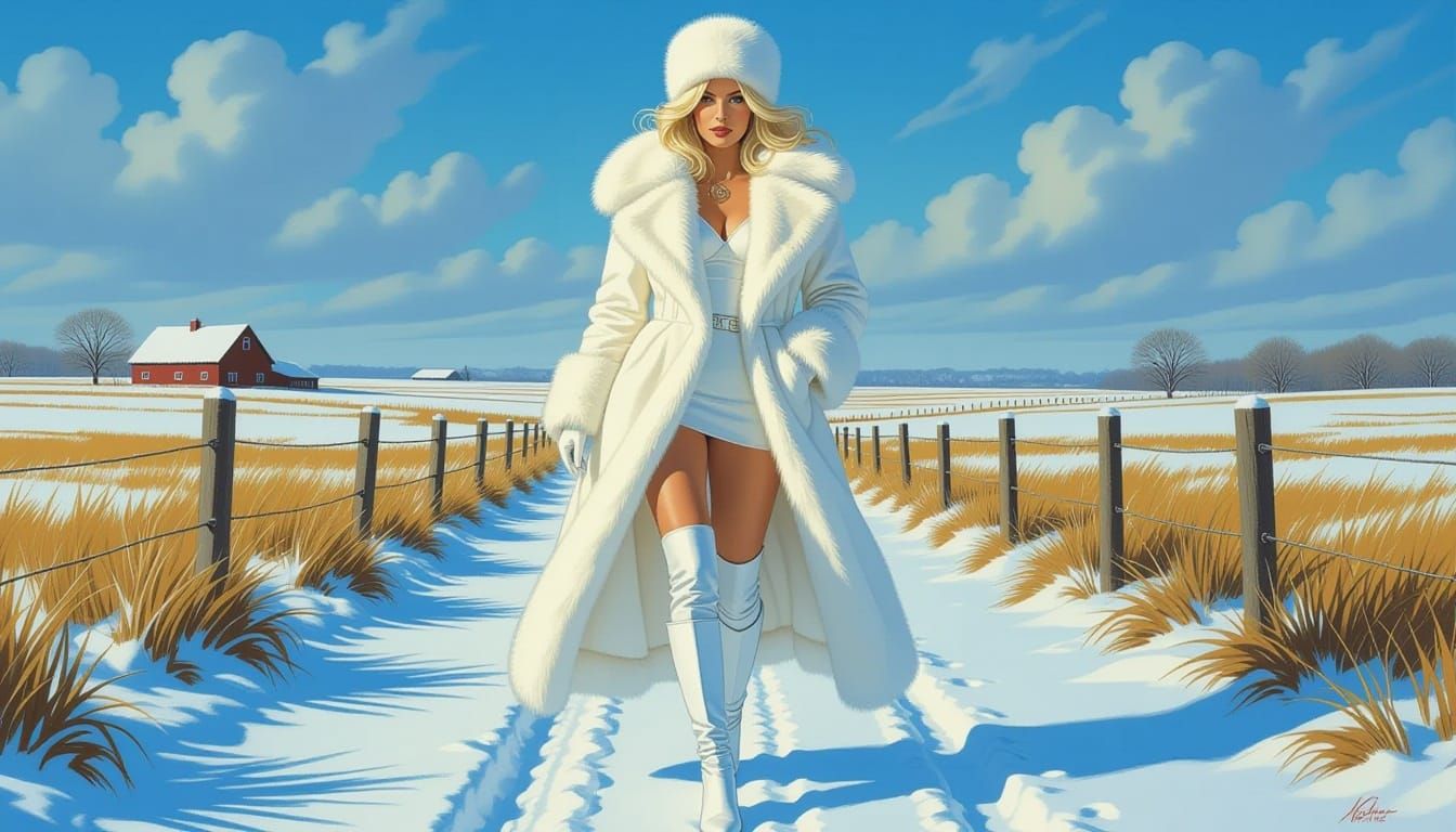 Emma Frost in White Fur Striding Through Winter Landscape