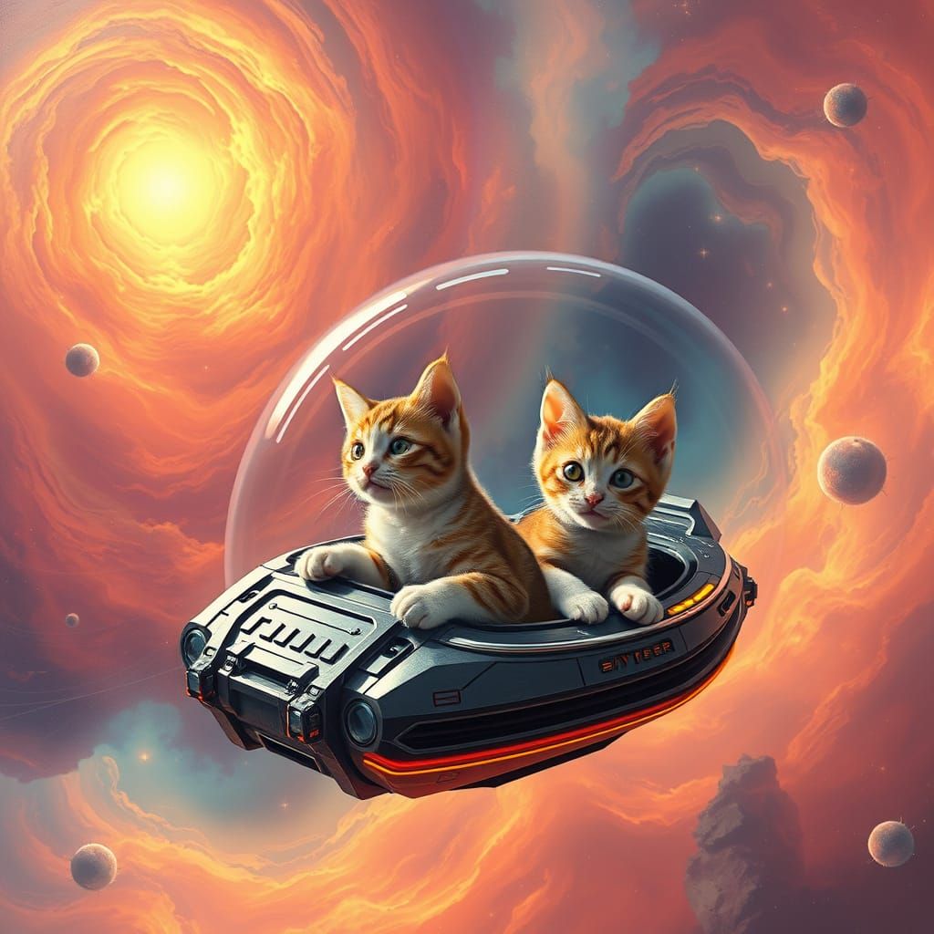 Futuristic Kitten Space Explorers in a Celestial Nebula