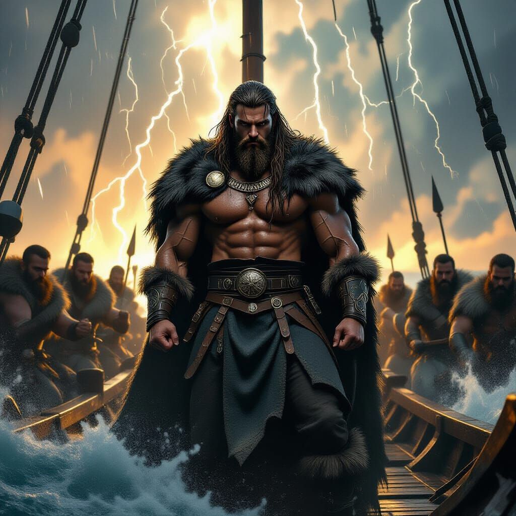 Futuristic Viking Ship in a Raging Storm
