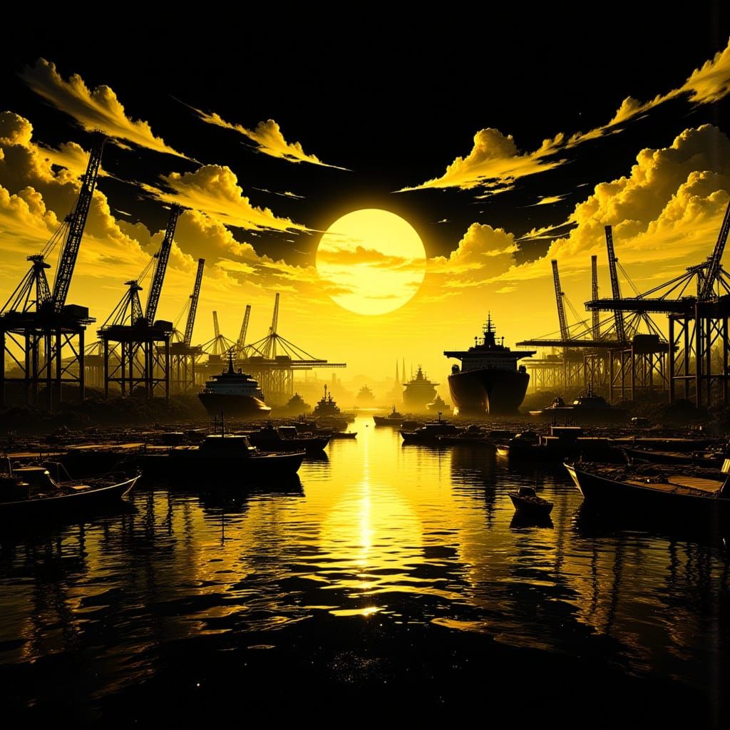 Vibrant Harbor Sunset in Digital Industrial Style