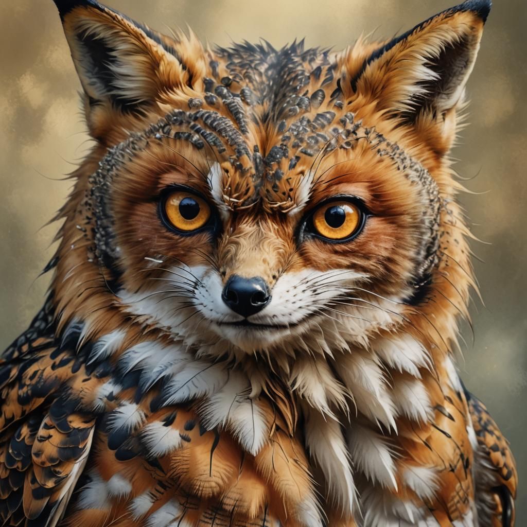 Realistic drawing of a fox-owl hybrid, wise and cunning, wit...