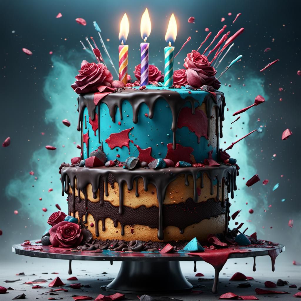Punk Rock Smashed Birthday Cake, Detailed Matte Painting