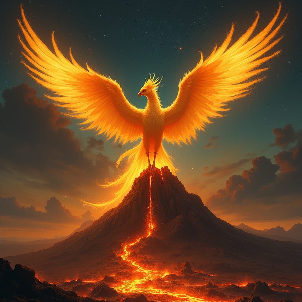Golden Phoenix Rises from Volcanic Ruins in Art Nouveau Styl...