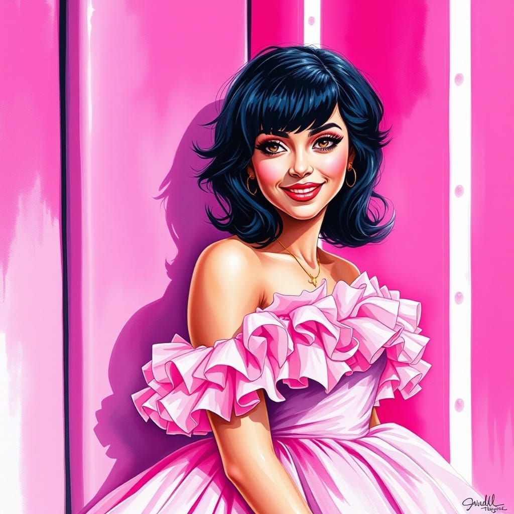 Woman in Pink Ballgown, Watercolor Punk Style