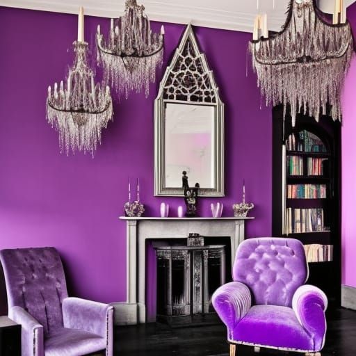 Pastel purple pastel Gothic penthouse& pastel Gothic furniture& pastel purple of walls with Black frames& Black paneling...