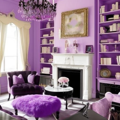Pastel purple pastel Gothic penthouse& pastel Gothic furniture& pastel purple of walls with Black frames& Black paneling...