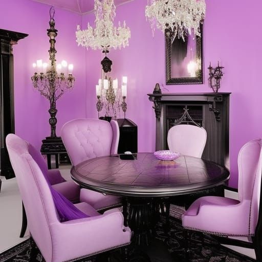 Pastel purple pastel Gothic penthouse& pastel Gothic furniture& pastel purple of walls with Black frames& Black paneling...
