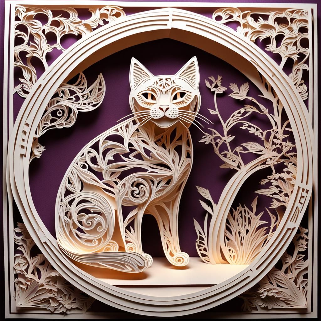 Hyperrealistic Kirigami Cat Sculpture in High Definition