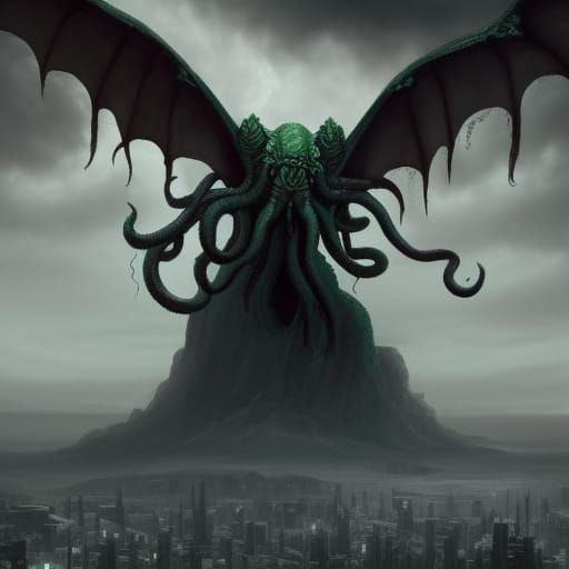 Cthulhu Rises Over Coastal City: Dark Fantasy Art