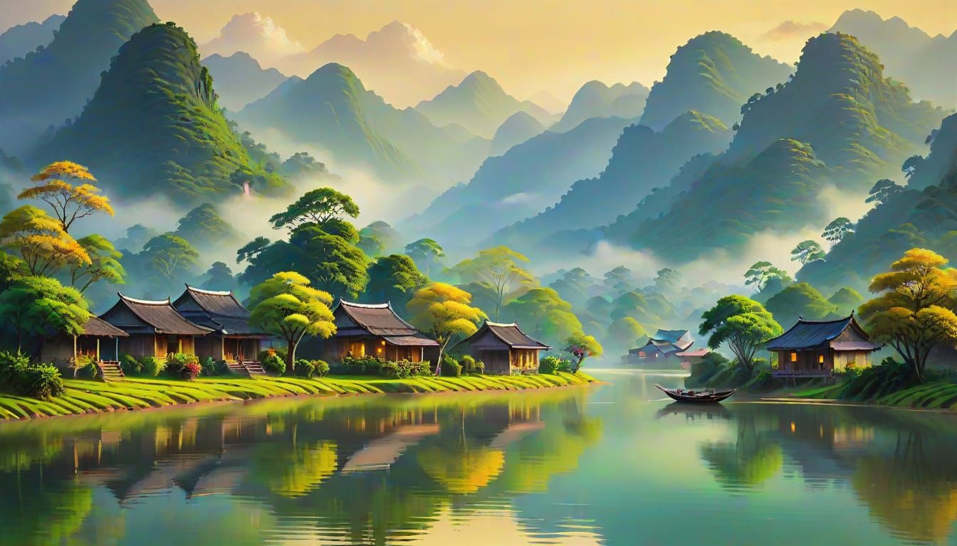 Idyllic Vietnamese Village in Oil Painting Style