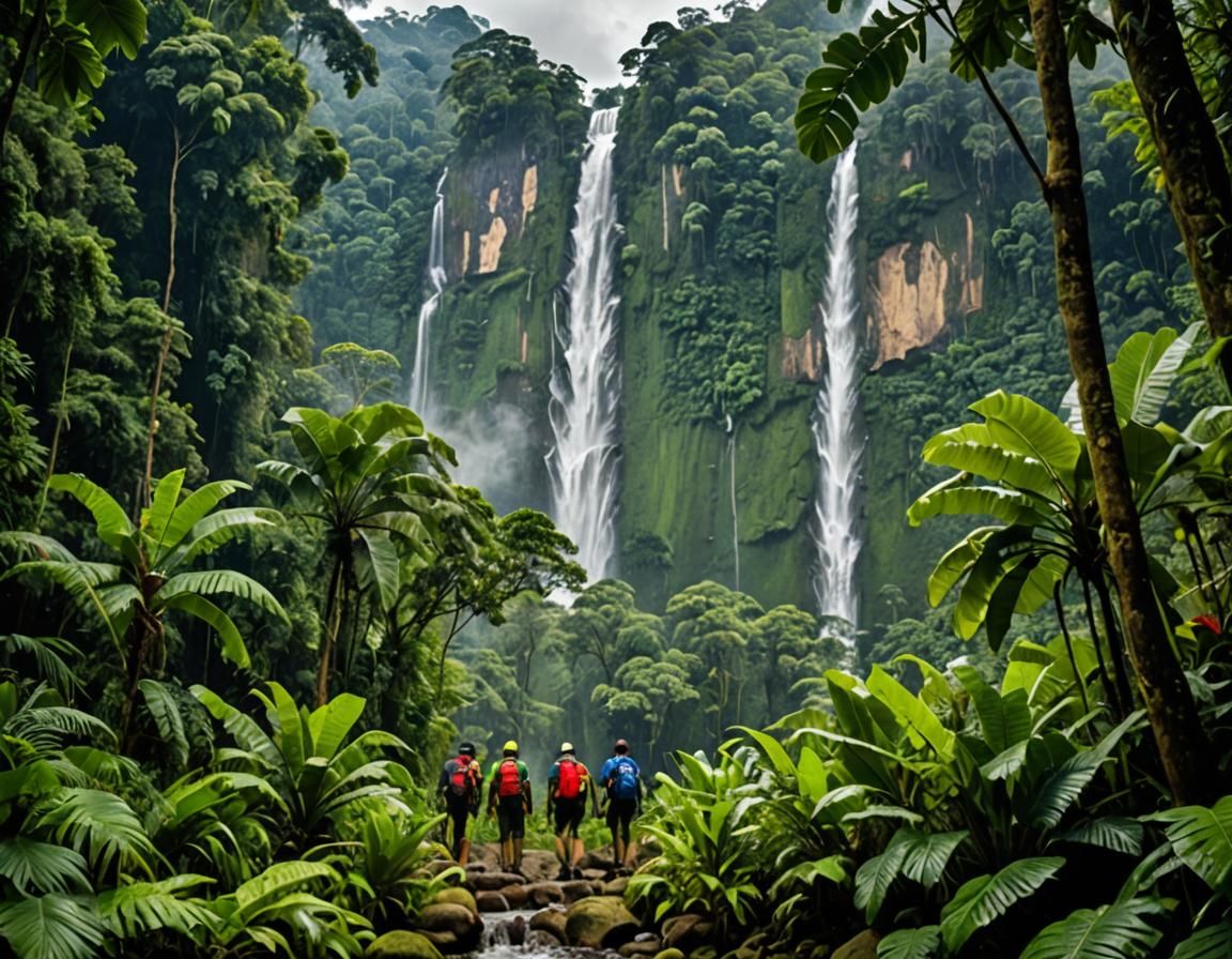 Hikers Explore Verdant Amazon Rainforest with Waterfall