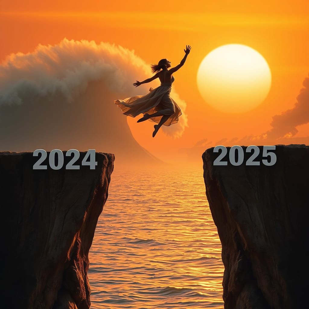 Surreal Woman Transcends Time, Daring Cliff Jump Amidst Turb...