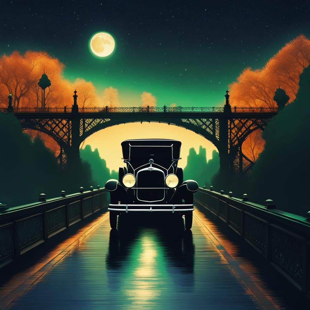 1920s Car on Bridge at Night, Detailed Matte Painting