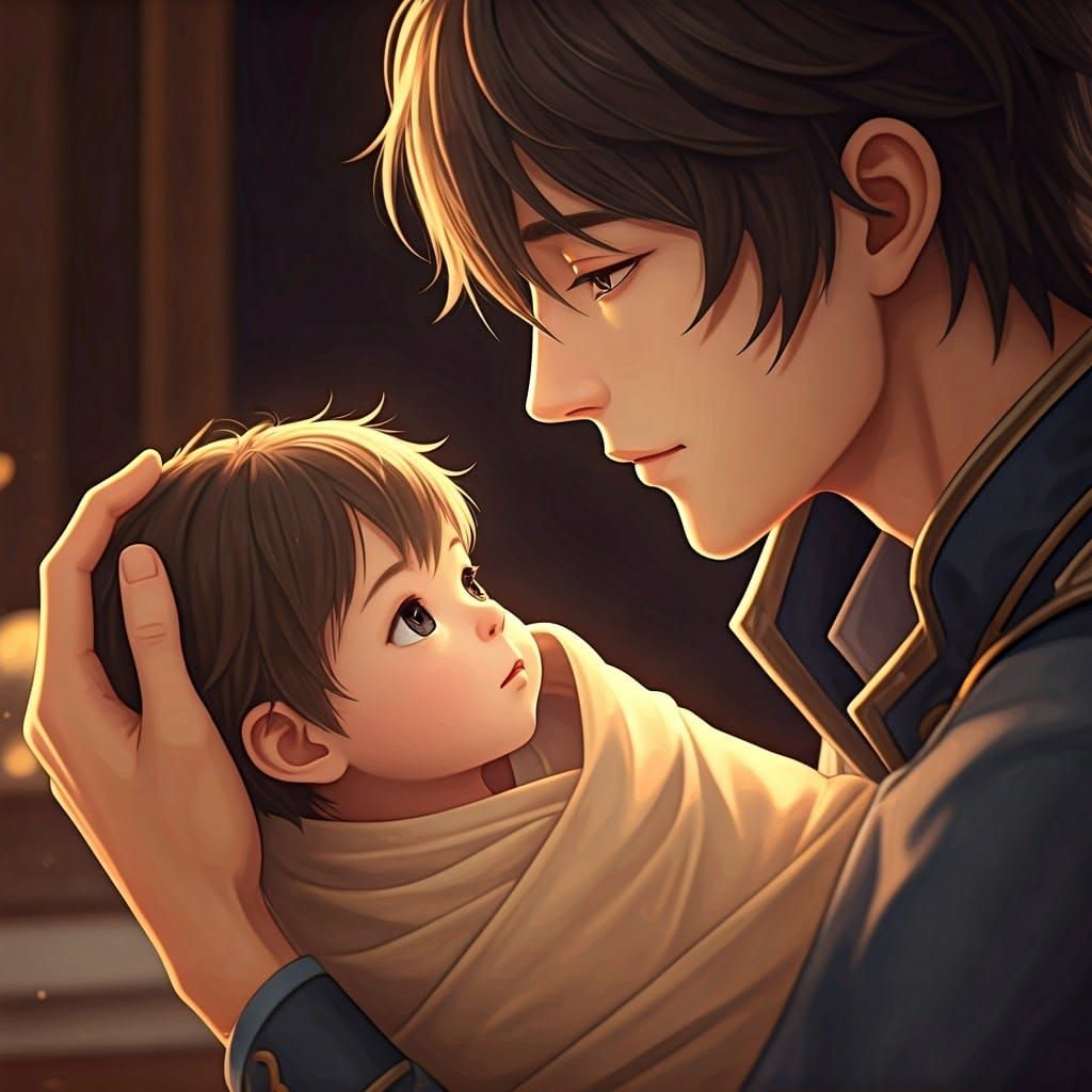 Tender Father-Baby Bonding Moment in Anime Style