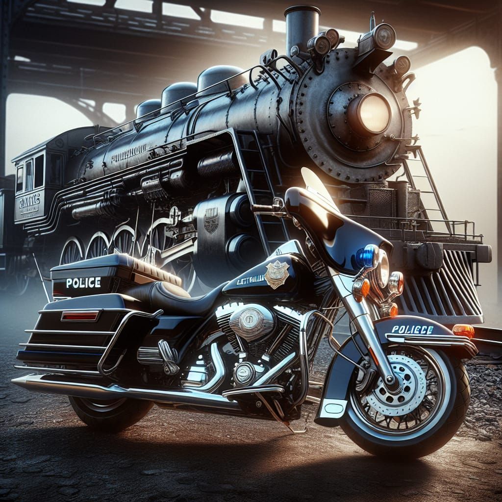 Classic Motorcycle and Steam Locomotive in Matte Painting St...
