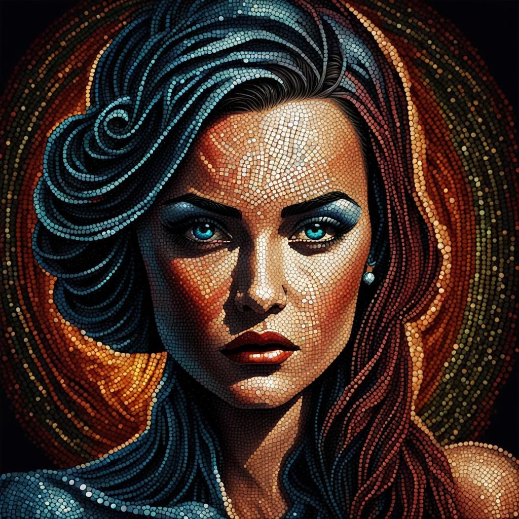 Diamond Mosaic Femme Fatale in Pointillism Style