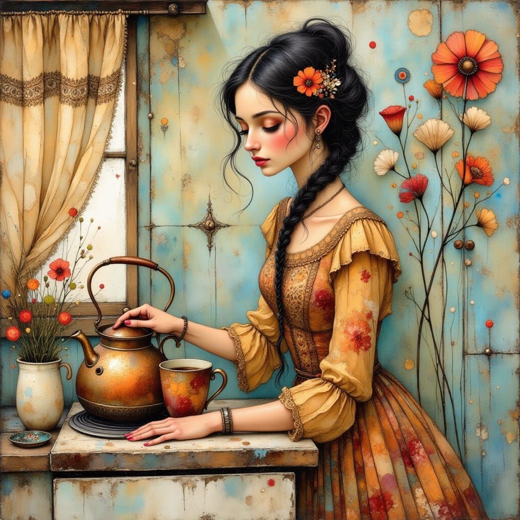 Woman Making Coffee in Earthy Impressionist Style