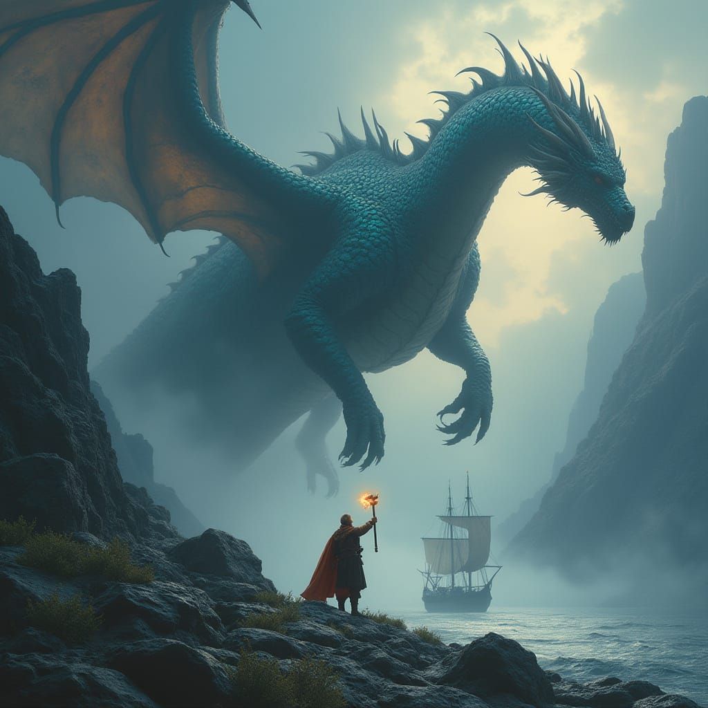 Colossal Dragon vs Viking Warrior in Epic Fantasy Battle