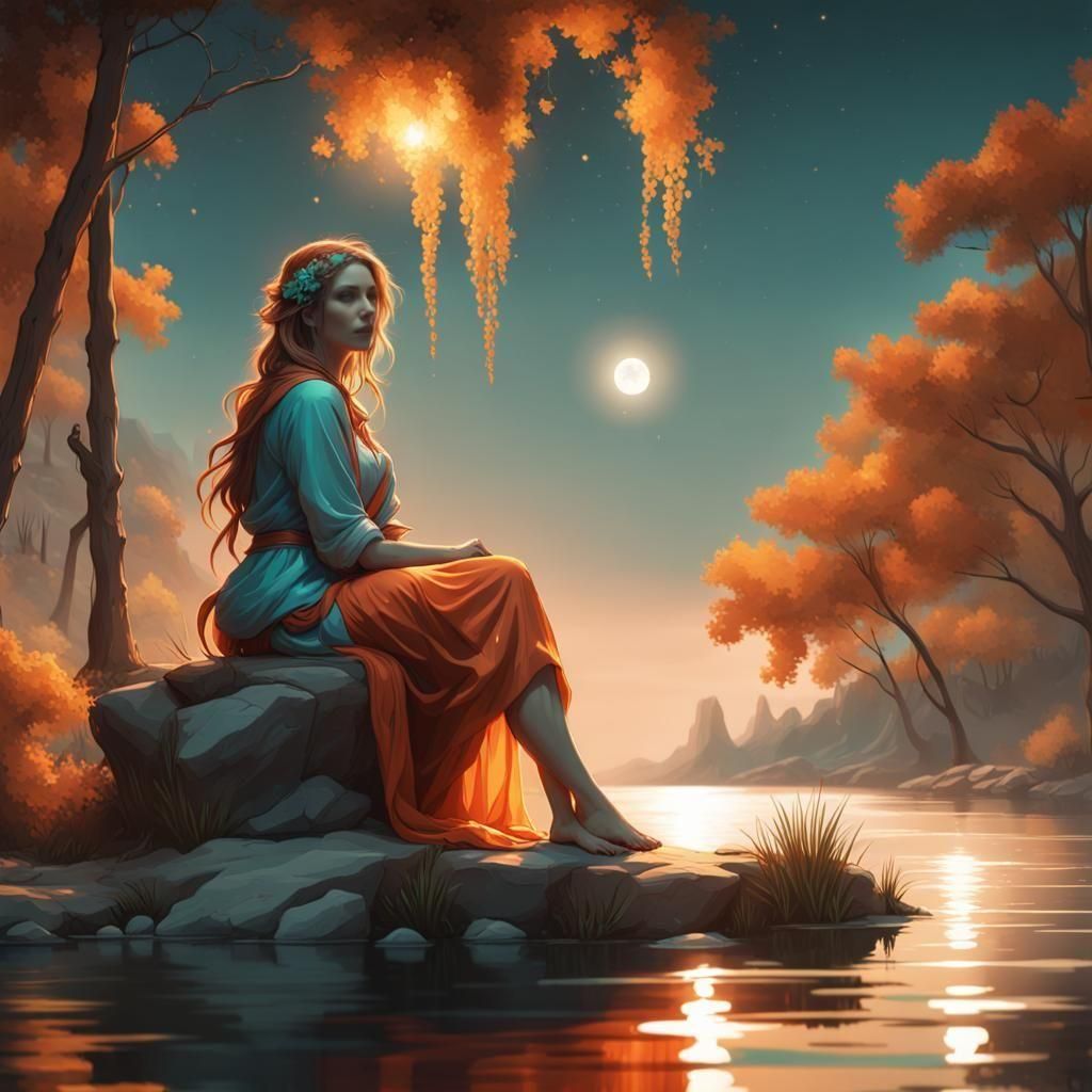 Mystical Woman by Lake in Moonlight: Digital Art