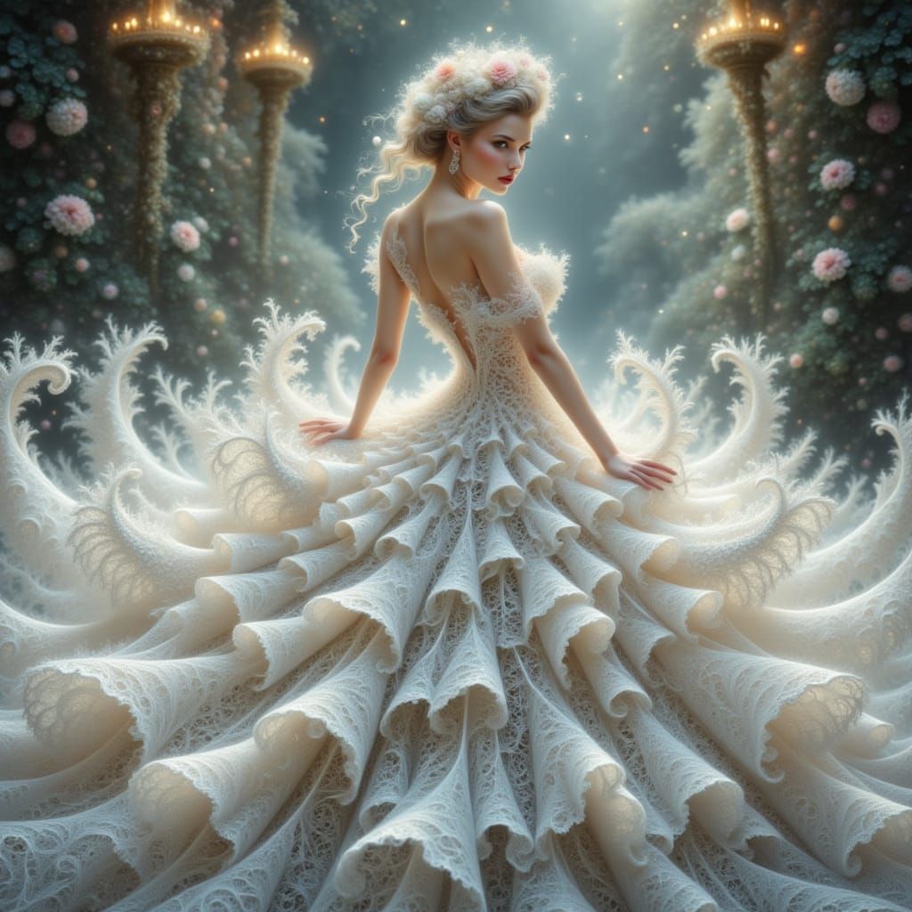 Ethereal Fractal Lace Ballgown in Whimsical Fantasy Setting
