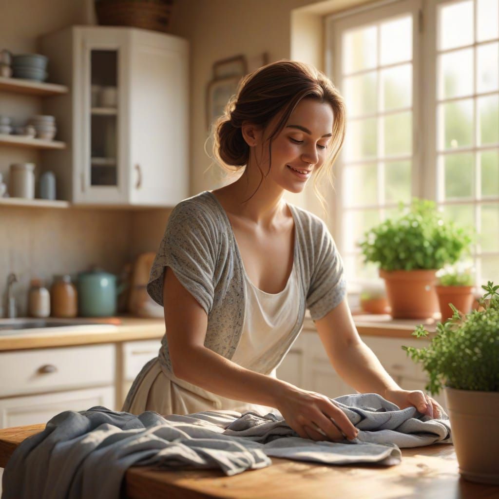 Hyperrealistic Tradwife Folds Laundry in Sunlit Kitchen
